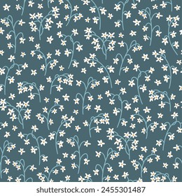 Floral seamless pattern. Flower meadow, spring field, blooming chamomile branch in simple scandinavian hand drawn cartoon style. The limited pastel palette is ideal for baby clothes, textiles, fabric