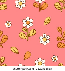 Nahtlose Blumenmuster mit Blume auf rosafarbenem Hintergrund. Groovy Vektorgrafik für Tapeten, Design, Textilien, Verpackung, Dekoration