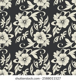 Floral seamless pattern, flower ornament in retro, vintage design and grey color on dark background for wallpaper, textile, packaging, print and decoration. Black and white.