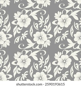 Floral seamless pattern, flower ornament in retro, vintage design in grey color  for wallpaper, textile, packaging, print and decoration. 