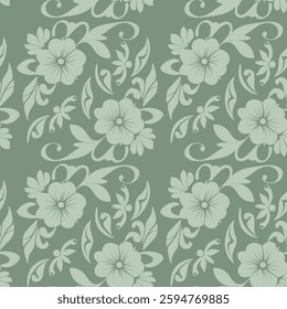 Floral seamless pattern, flower ornament in retro, vintage design in natural green color for wallpaper, textile, packaging, print and decoration. 
