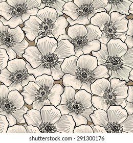 Floral seamless pattern. Flower outline background. Floral decorative seamless texture with flowers.