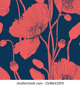 Floral seamless pattern. Flower poppy background. Flourish tiled ornamental texture with flowers. Spring floral garden. Red blue colors.