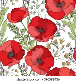 Floral seamless pattern. Flower poppy background. Flourish tiled ornamental texture with flowers. Spring floral garden