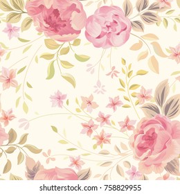  Patrón floral sin fisuras. Las flores se levantan y las hojas sobre fondo pastel. Papel de pared floreciente.