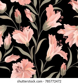 Floral seamless pattern. Flower rose black background. Flourish wallpaper with flowers.