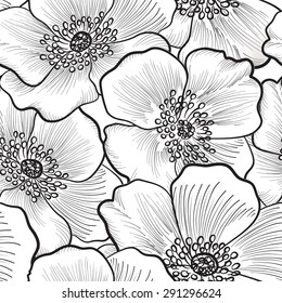 Floral seamless pattern. Flower silhouette black and white background. Floral decorative seamless texture with flowers.