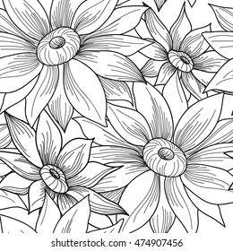Floral seamless pattern. Flower sunflower engraving background. Floral  ornamental monohrome texture with flowers. Spring flourish garden etching