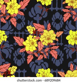 Floral seamless pattern. Flower vector. Yellow peonies and pink leaves on ornamental background.