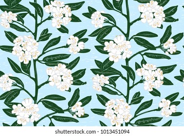 Floral seamless pattern. Flowering branches of a cherry or apple tree.