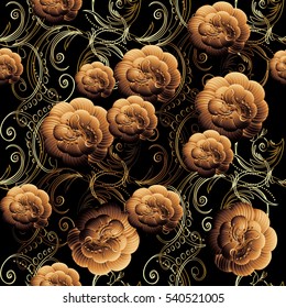 Floral seamless pattern. Flowers 3d vintage wallpaper. Ornate flowery vector background. Surface elegant volumetric gold texture with shadows and highlights.