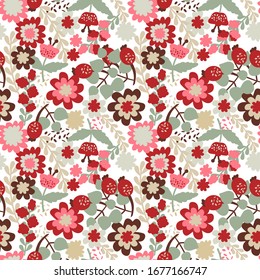 Floral seamless pattern with flowers and berries. Colorful summer background, vector