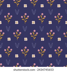 Floral seamless pattern with flowers, berries and leaves on violet background. Perfect for spring and summer greetings, wallpaper, wrapping paper, fabric. Vector illustration