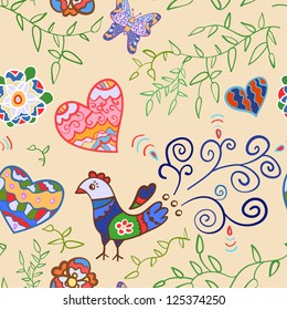 Floral seamless pattern with flowers, bird, hearts and butterfly. Vector illustration for your lovely design. Seamless endless funny spring texture for textile. Colorful.