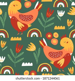 Floral sin costuras con flores y pájaro. Fondo de primavera. Diseño moderno para papel, cubiertas, tarjetas, tejidos y otros usuarios. Ilustración vectorial.