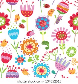 Floral seamless pattern with flowers and birds