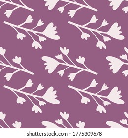 Patrón floral sin fisuras con flores y elementos de ramas. Fondo púrpura con adorno botánico claro. Diseñado para papel pintado, textil, papel envolvente, impresión de tela. Ilustración vectorial.