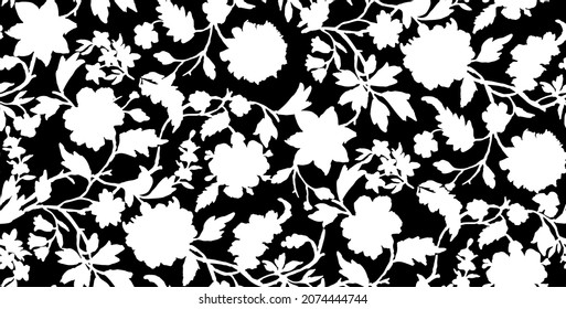 Floral seamless pattern with flowers, branches and leaves flat silhouettes. Botanical illustration Textile print, fabric swatch, wrapping paper for fashion and interior design