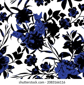 Floral seamless pattern with flowers, branches and leaves  Botanical vector illustration for Textile print, wrapping paper, fashion and interior design.