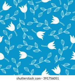 Floral seamless pattern with flowers and branches on blue background. Perfect for wallpapers, wrapping papers, textile, pattern fills, gift paper, spring and summer greeting cards