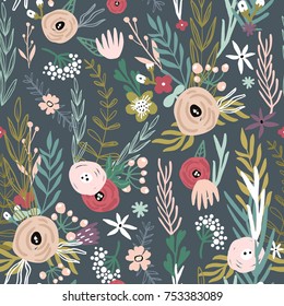 Blumennahtloses Muster mit Blumen, Ästen. Feiner floraler Hintergrund.Stilvolle Vektortextur ideal für Stoff, Textilien, Umhüllung, Apfelsinen