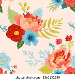 Blühendes Nahtloses Muster mit Blumen, Blüten und Blättern. Stoffpflanzlicher Hintergrund für Textilien, Umhüllung, Tapete. Fashion Print Minimal Design. Vektorgrafik