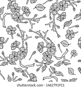 floral seamless pattern. flowers, buds, apple tree branches coloring book. Vector illustration of hand drawing. eps10