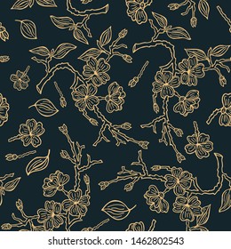  floral seamless pattern. flowers, buds, apple tree branches . Vector illustration of hand drawing. eps10
