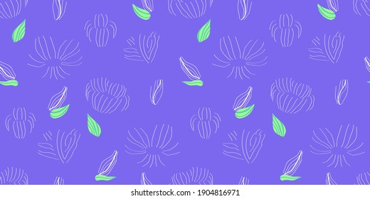 Floral seamless pattern with flowers and buds. lilac and purple background. for textile and background. white linear flowers