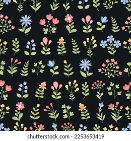 Floral seamless pattern. Flowers, buds, branchs on black background. Vector illustration in flat style