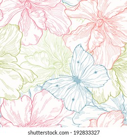 Floral seamless pattern with flowers and butterflies. Vector illustration.