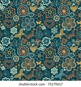Floral seamless pattern with flowers and butterflies. Endless floral texture