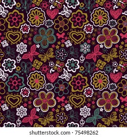 Floral seamless pattern with flowers and butterflies. Endless floral texture