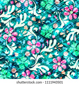Floral  seamless  pattern with flowers. Chaotic crossing hatching lines. Vector illustration for fabric, textile, clothes, wallpapers, wrapping.