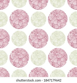 Blumennahtloses Muster mit Blumen in Kreisen. Rahmenstruktur auf Weiß. Wiederholter linearer Hintergrund. Ink gezeichnete Konturen des Hibiskus. Druck für Bettwäsche und Wohnungsdekoration.