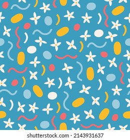 Floral seamless pattern with flowers, circles, wave lines on blue background. Perfect for spring and summer greetings, wallpaper, wrapping paper, fabric. Vector illustration