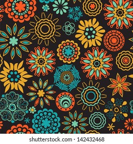 Floral seamless pattern with flowers. Copy square to the side and you'll get seamlessly tiling pattern which gives the resulting image ability to be repeated or tiled without visible seams.