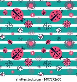 Floral seamless pattern with flowers and cute ladybug. Stripped background. Vector