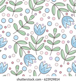 Floral seamless pattern with flowers. Cute vector print with butterfly's. Hand drawn outline illustration. 