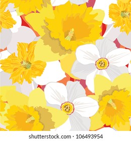 Floral seamless pattern with flowers daffodils. Flourish texture. Floral tiled background with spring flower bouquet