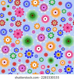 Floral seamless pattern with flowers of different shapes and shades. Design for fabric, packaging, wallpaper, cover. Editable vector print.