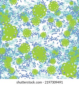 Floral seamless pattern with flowers, dots, dashes, hatches, strokes