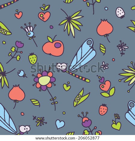 Floral seamless pattern with flowers and dragonflies. Summer fun vector background.