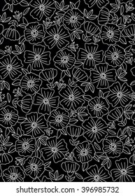 Floral seamless pattern with flowers drawn by hand. Doodle floral texture. Black and white