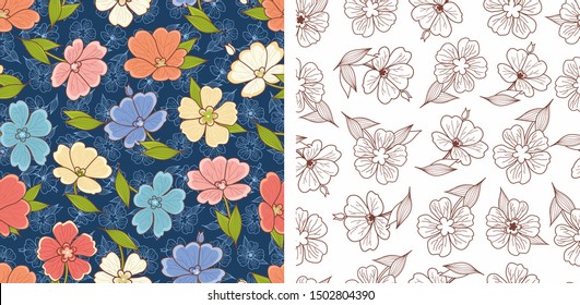 Floral seamless pattern. Flowers. Elements and pattern. Design elements. Outline silhouette line
