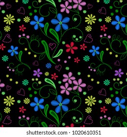 Floral seamless pattern. Flowers embroidery for textiles, dress, blouse, t-shirt print on black background. Fashion decoration sticker. Satin stitch imitation Vector EPS10