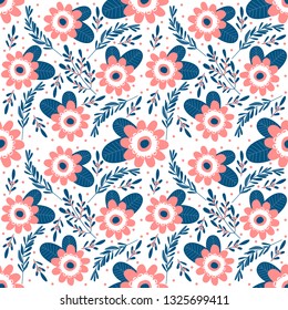 Floral seamless pattern with flowers and flowering plants on white background. Botanical backdrop. Flat cartoon colorful vector illustration for wrapping paper, textile print, wallpaper.