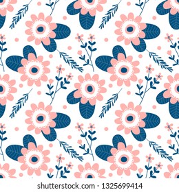 Floral seamless pattern with flowers and flowering plants on white background. Botanical backdrop. Flat cartoon colorful vector illustration for wrapping paper, textile print, wallpaper.