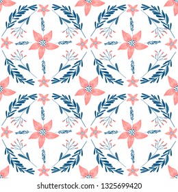 Floral seamless pattern with flowers and flowering plants on white background. Botanical backdrop. Flat cartoon colorful vector illustration for wrapping paper, textile print, wallpaper.