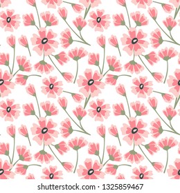 Floral seamless pattern with flowers and flowering plants on white background. Botanical backdrop. Flat cartoon colorful vector illustration for wrapping paper, textile print, wallpaper.